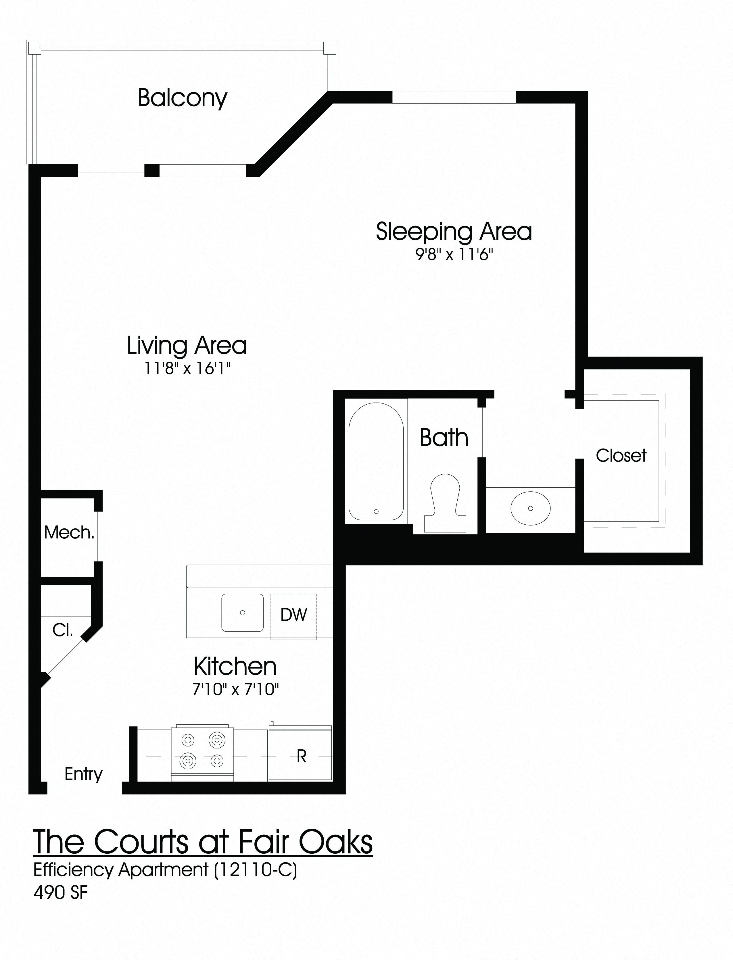 Floor plan for studio, 1 bath, 500 sqft